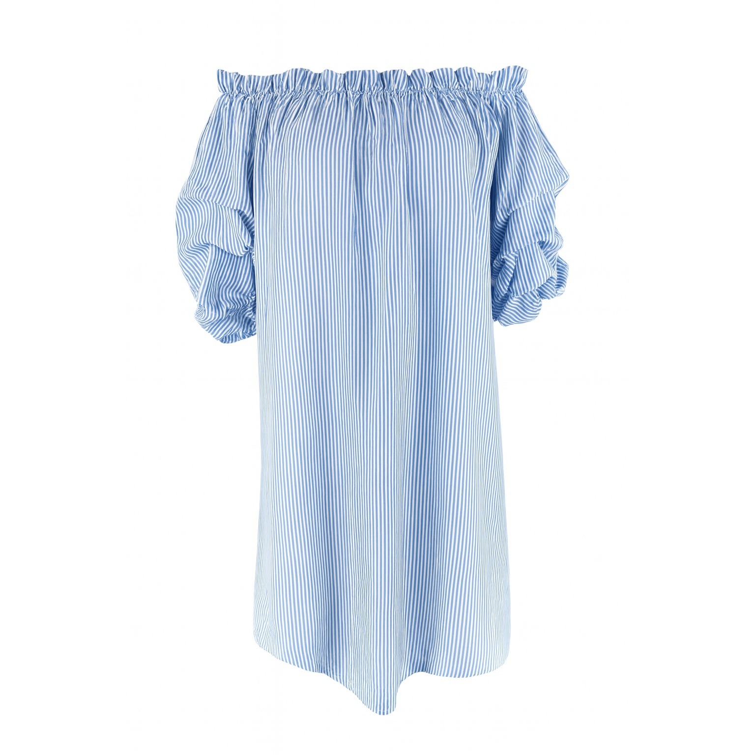 Love J Off Shoulder Blue White Striped Ruffle Sleeve Dress Women's Medium Boho